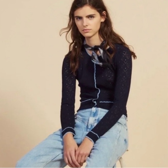 SANDRO Bomi Openwork Geo-Pattern Scalloped Trim Stretch Knit Cardigan size 1 XS - Picture 2 of 7